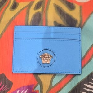Versace Light Blue Leather Card Holder with Gold Medusa Unisex Nwot